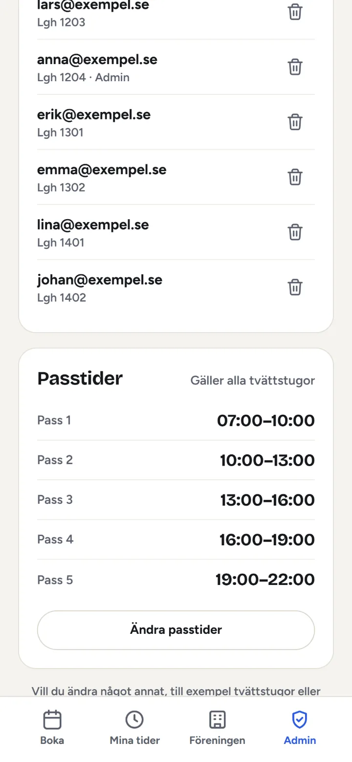 Adminfliken: föreningens fem passtider och knappen Ändra passtider.